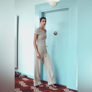 ZARA Textured Wide Leg Pants And Asymmetric Top